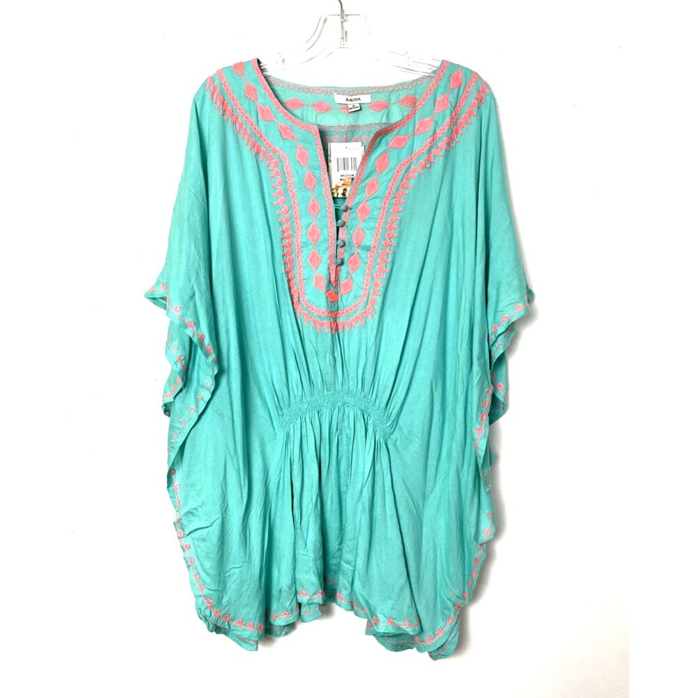 Raviya Swimsuit Coverup Size M Green Teal Women's Embroidered Trim Tunic Beach